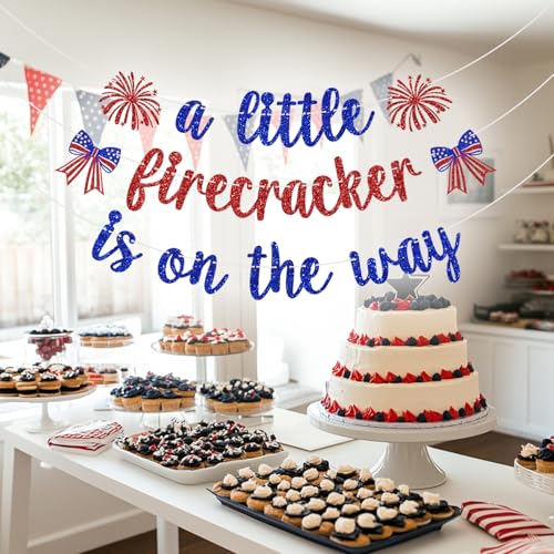 A Little Firecracker Is On The Way Banner - 4th of July Baby Shower Decoration