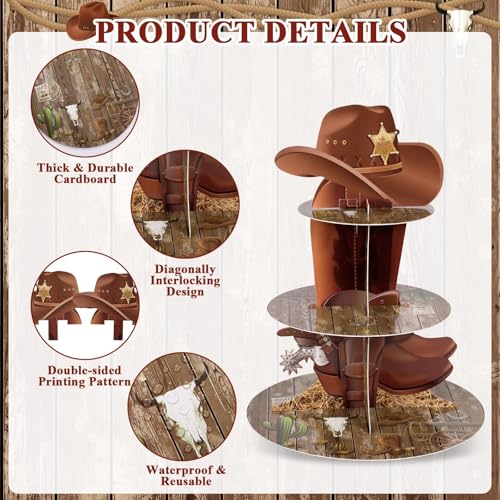 3-Tier Western Cowboy Cupcake Stand with 24 Toppers - Birthday Party Decoration