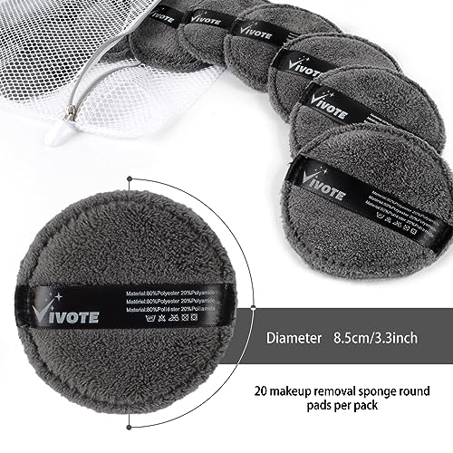 VIVOTE Reusable Microfibre Make-Up Remover Pads - 20 Pack Grey