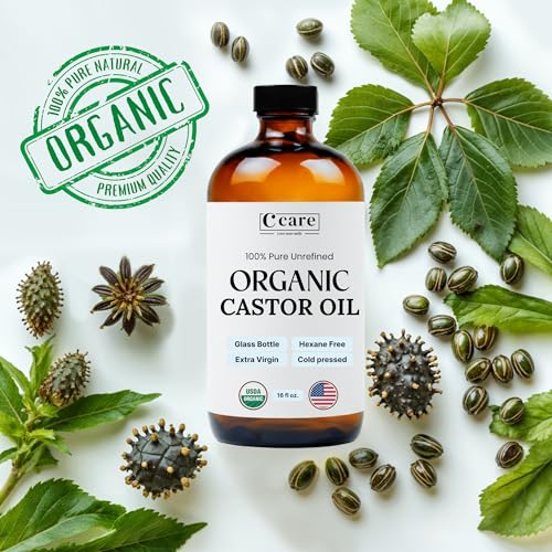 Castor Oil 100% Pure Organic Cold Pressed Unrefined Glass Bottle | USDA Certified Organic | Hexane Free Extra Virgin | for Hair Growth Eyebrows Eyelashes Skin and Castor Oil Pack Wrap | 16oz
