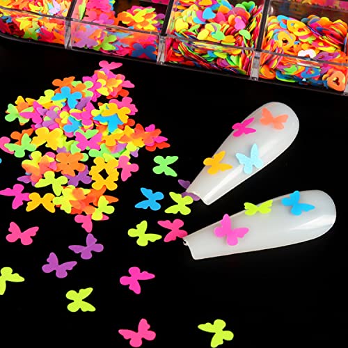 TBRZTR Fluorescent 3D Nail Sequins Kit – Mixed Design Butterfly, Heart, Star, Alphabet & More (12 Grids)