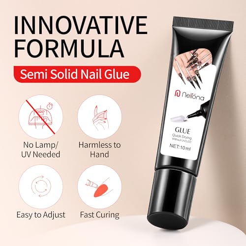 Nelrona 10ml Semi Solid Nail Glue & Remover Set - Quick Dry, Long Lasting 30+ Days for Press-On & Acrylic Nails - No Lamp Needed, Mess-Free Application