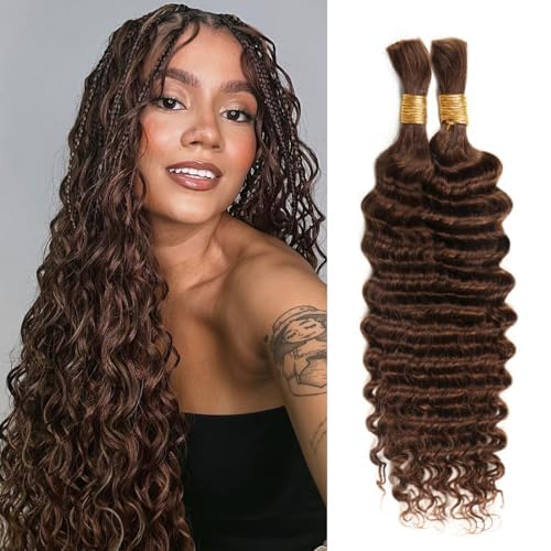 Human Braiding Hair - 14 Inch Ombre Highlight Deep Wave Bulk Extensions | Curly Bundles for Knotless Braids (4/27)