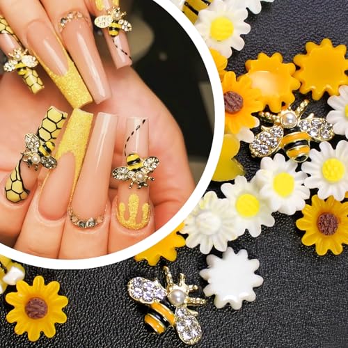 100Pcs 3D Bee Nail Charms & Daisy Flower Rhinestones