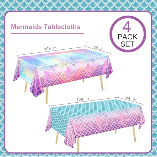 Mermaid Tablecloths - 4 Pack, 54x108 Inch for Birthday Parties