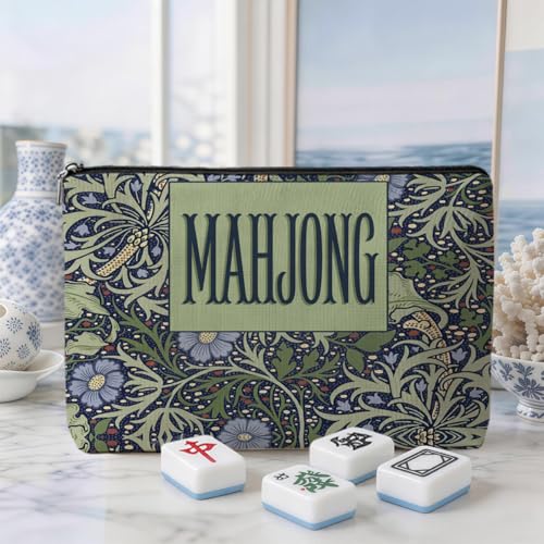 Blue Leaves Multicolor Mahjong Tile Bag American Mahjong Bag Retro Floral Storage Case