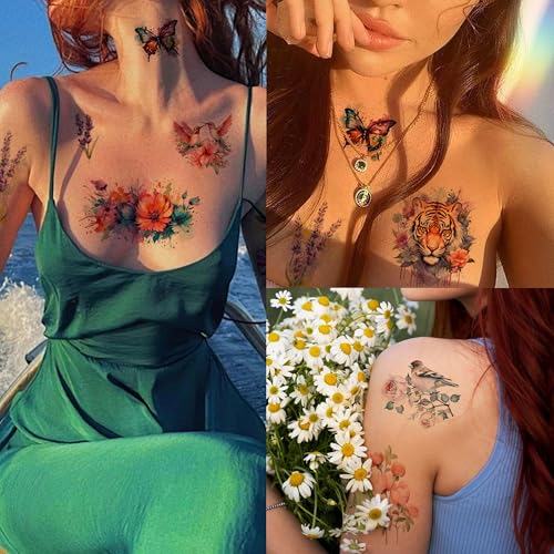 Watercolor Temporary Tattoos for Women - 8 Large Floral Designs
