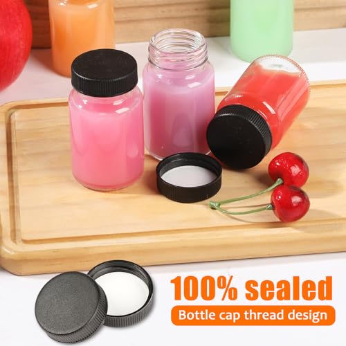 Yephets 20 Pack 2 oz Glass Shot Bottles with Black Lids & Labels - Leakproof Travel Sample Jars