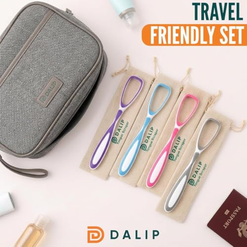 Glam by Dalip 4-Pack Plastic Tongue Scrapers with Travel Pouches, BPA Free Oral Hygiene Tool for Adults & Kids