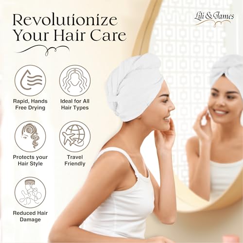 Lili&James 100% Cotton Hair Towel Wrap (Pack of 2) - Quick Dry Turban for Women & Kids, Anti Frizz, White+Aqua