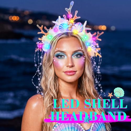 JEAIRTS LED Mermaid Seashell Headband with Starfish & Pearl Tassels