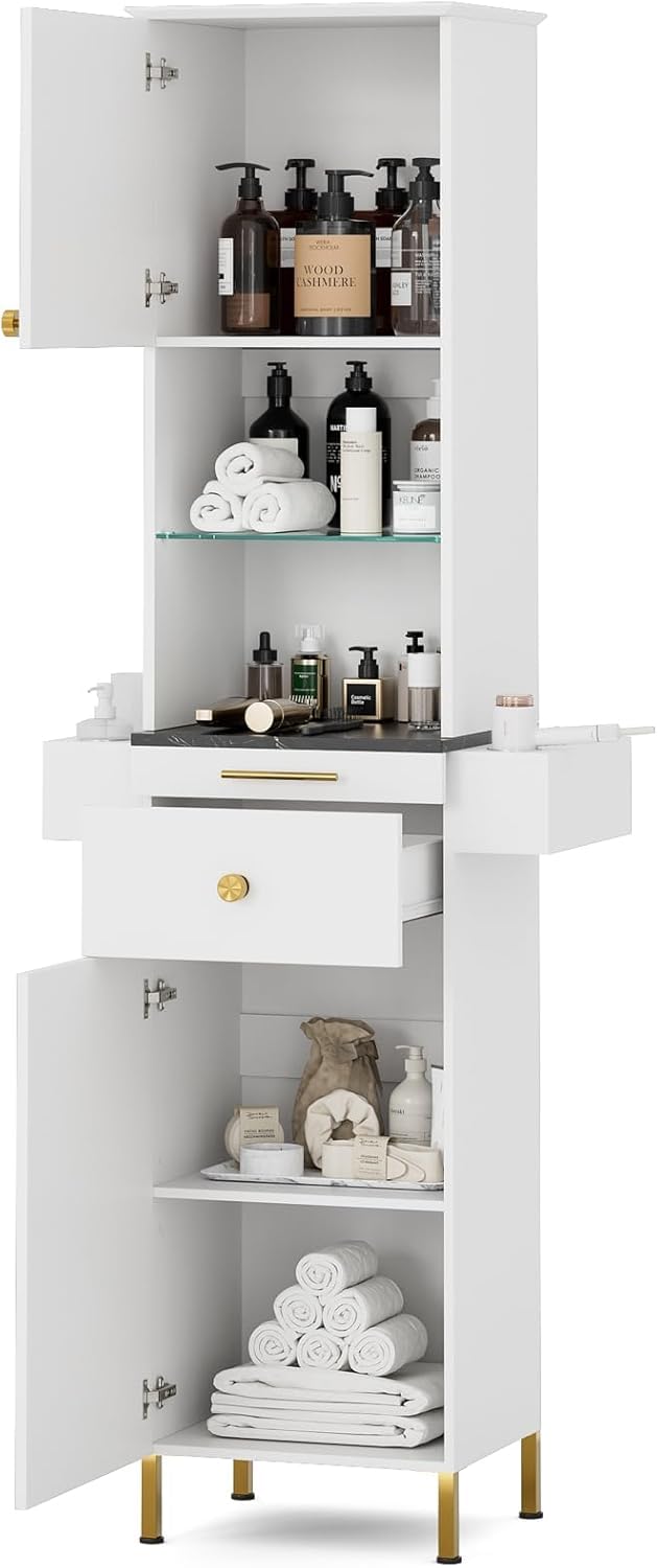 TTGIEET Salon Stations for Hair Stylist, Barber Station w/Glass Shelf & Golden Handles, Hair Salon Station Beauty Salon Spa Equipment w/6 Hair Dryer Holders, 2 Storage Cabinet & Drawers（White-New）