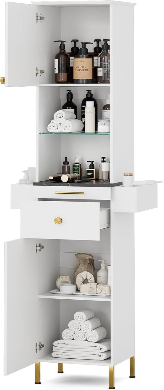 TTGIEET Salon Stations for Hair Stylist, Barber Station w/Glass Shelf & Golden Handles, Hair Salon Station Beauty Salon Spa Equipment w/6 Hair Dryer Holders, 2 Storage Cabinet & Drawers（White-New）