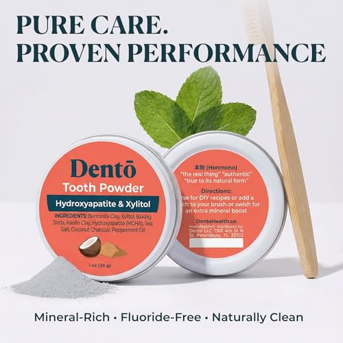 Dento Hydroxyapatite & Xylitol Tooth Powder with Charcoal & Clay - Natural Whitening 1oz