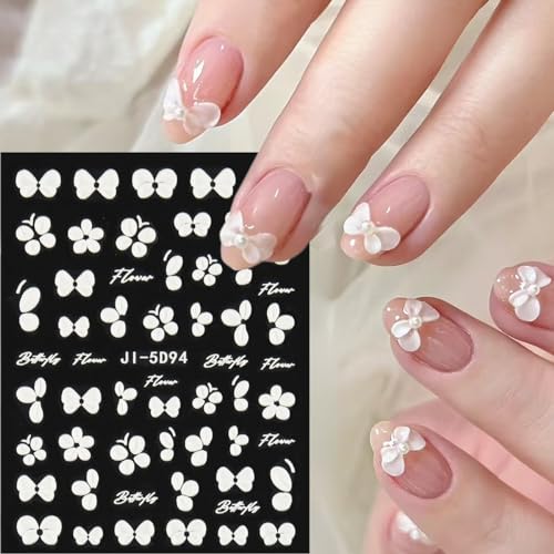5D White Flower & Butterfly Nail Stickers - Self-Adhesive Decals