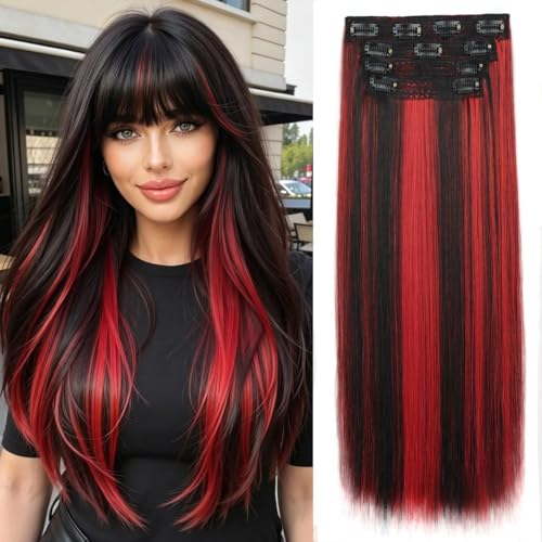 22-Inch Synthetic Clip-In Hair Extensions - Black with Red Highlight, 4PCS