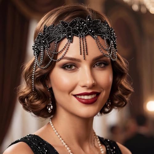 GORTIN 1920s Flapper Headpiece - Black Rhinestone Headband (1 Count)