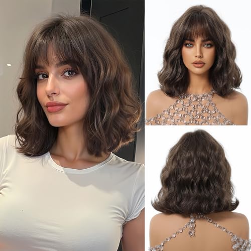 Macodio Style 6 Wavy Bob Wig with Bangs – 12 Inch Dark Brown Curly Synthetic Hair