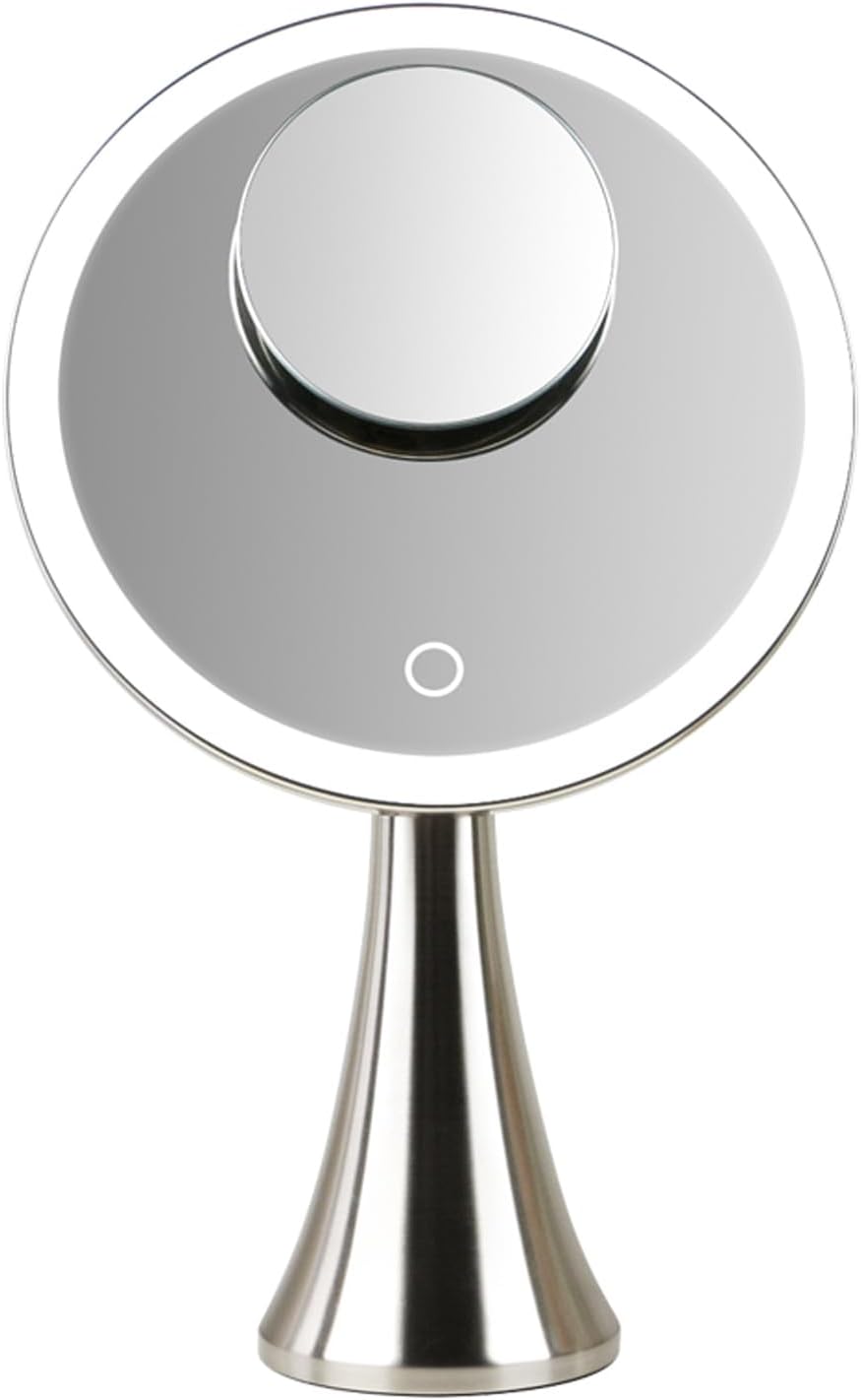 Lighted Makeup Mirror - 9-Inch Dual Magnifying 5x/10x | Adjustable Brightness, 360° Rotation, Rechargeable