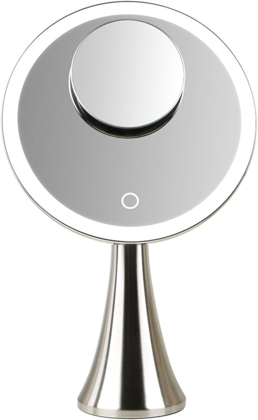 Lighted Makeup Mirror - 9-Inch Dual Magnifying 5x/10x | Adjustable Brightness, 360° Rotation, Rechargeable