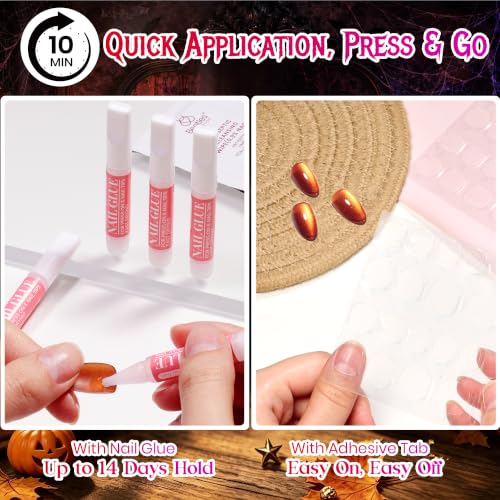 Beetles Cat Eye Press On Nails Short Almond Pumpkin Spice Halloween 3A Burnt Caramel S