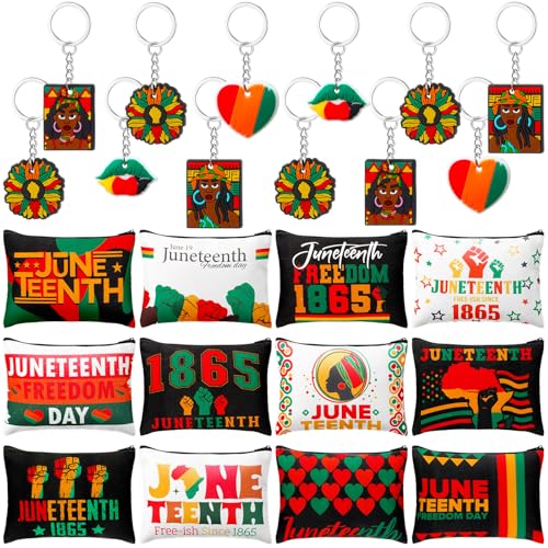 24 Pcs Juneteenth Party Favor Set: 12 Canvas Makeup Bags & 12 Keychains