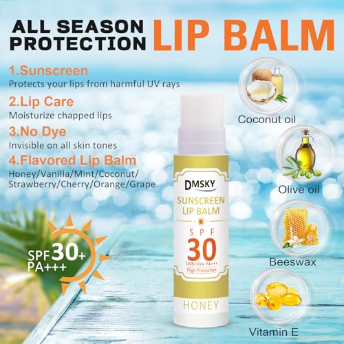 Dmsky SPF 30 Sunscreen Lip Balm - 8 Pack, 8 Flavors, No White Cast
