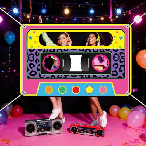 Retro 80s 90s Photo Booth Backdrop - Neon Cassette Tape 71x46