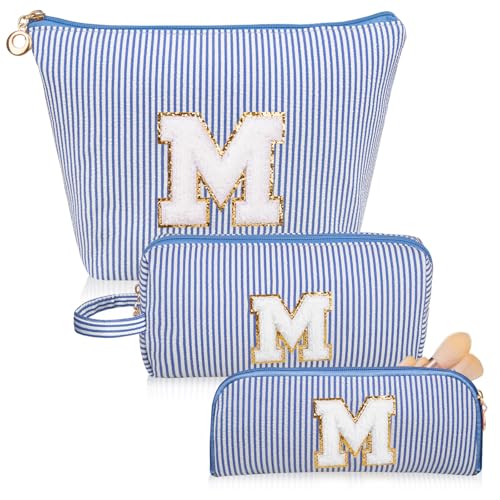 Junesters BlueM Personalized Initial Makeup Bag Set - Travel Cosmetic Organizer for Women