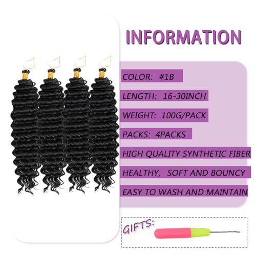 MOCCWOM Deep Wave Crochet Hair 24 Inch 4 Packs #1B - Long Curly Braiding Extensions
