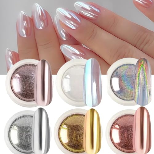6-Color Chrome Nail Powder Set - Metallic Holographic Pigments