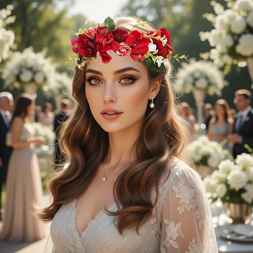 LLinfflr Red Flower Garland Headband Rose Crown Floral Halo Headpiece - Adjustable