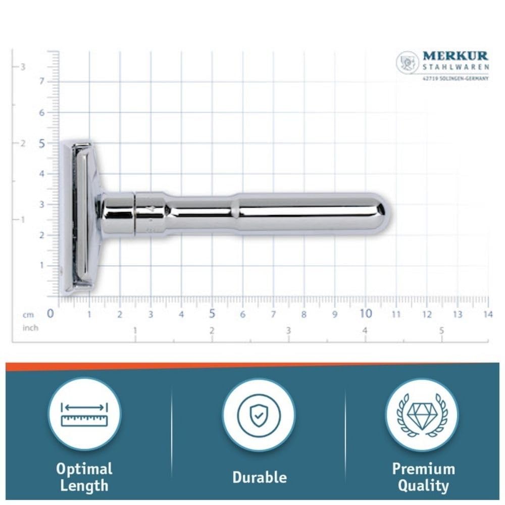 MERKUR FUTUR 701 Adjustable Double Edge Safety Razor - Bright Chrome | Adjustable Razor With Dial | Made in Germany | Plastic-Free | Snap-On Cap Design | Straight Bar