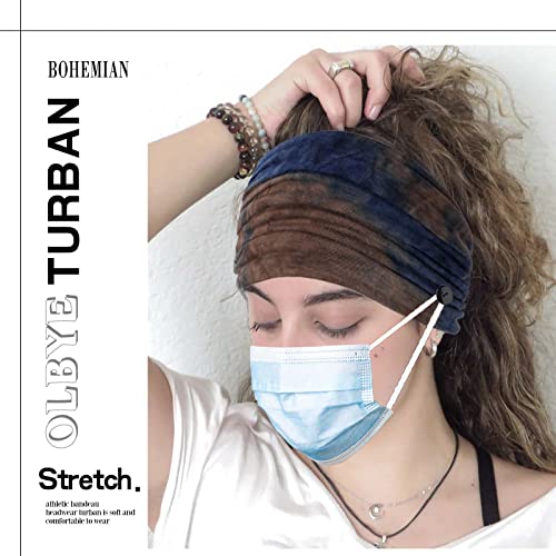 Olbye Wide Tie Dye Button Headbands for Masks - 4 Piece Set