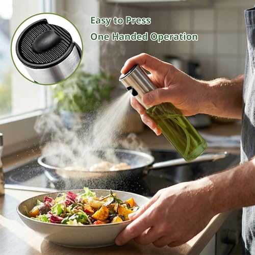 2-Pack UV-Blocking Green Glass Oil Sprayer with Funnel & Brush - 3.4oz Fine Mist Cooking Spray Bottles for Air Fryer, BBQ, and Baking