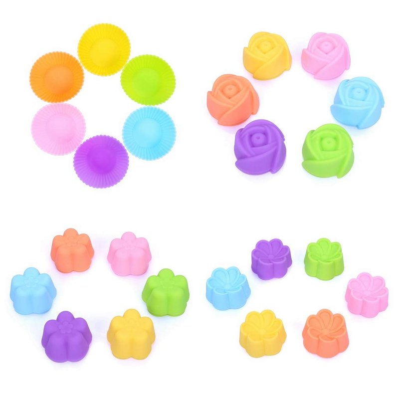 Mini Begonia Silicone Baking Cups Pack of 24 - Reusable Cupcake Liners Muffin Pan Molds 2 inch (5cm) - Nonstick Small Truffle Chocolate Jello Cups in 6 Colors Mini Begonia
