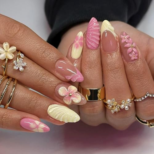 3D Handmade Medium Almond Press On Nails - Spring Floral Design