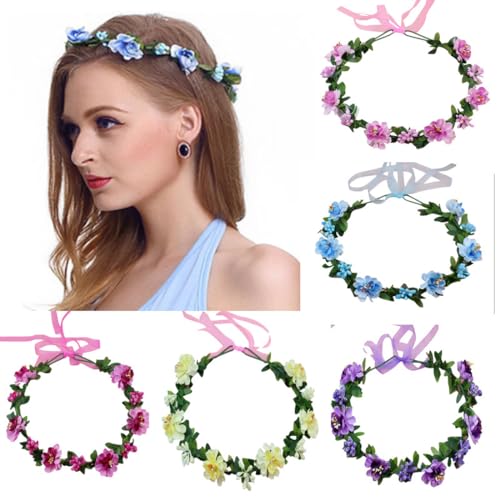 Flower Headband Crown for Wedding & Festival - Adjustable Ribbon, Blue