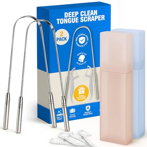 COSMOPLUS U2 Silver Stainless Steel Tongue Scraper Set with Travel Cases & Floss Picks