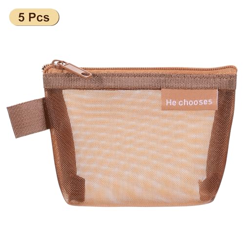 uxcell Mini Zipper Mesh Bag 3" x 5" - Brown Cosmetic Pouch (5 Pcs)