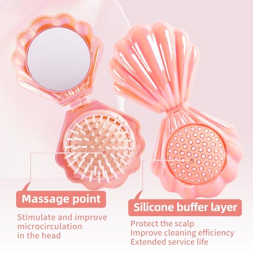 Iridescent Shell Folding Hair Brush with Mirror - Compact Travel Size