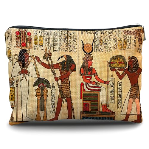 Egyptian Makeup Bag - Linen Cosmetic Travel Pouch with Hieroglyphs