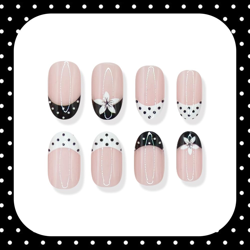 Medium Oval Press on Nails French Tip Fake Nails Glossy False Nail with Designs Flowers | Polka Dot,Cute Reusable Glue on Nail Full Cover Stick on Nails for Women Manicure 24Pcs