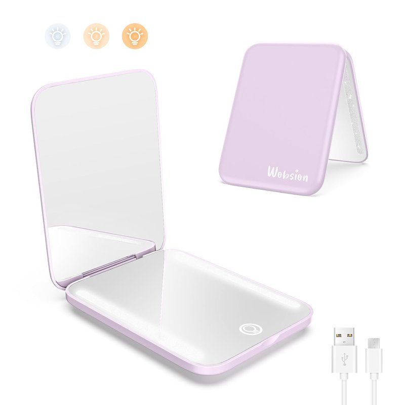 Rechargeable Travel Makeup Mirror with Light - 1x/3x Magnification, 3 Color Modes | Compact & Portable, Purple