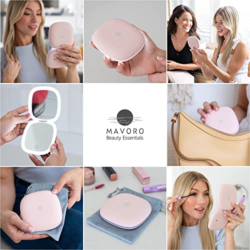 Mavoro Heavenly Pink LED Compact Makeup Mirror | 1x/10x Magnification, USB-C Charging, Dimmable Lighting