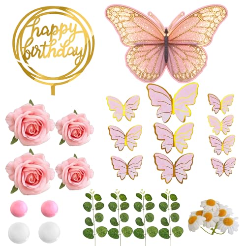 Pink Flower and Butterfly Cake Toppers for Birthday Decor