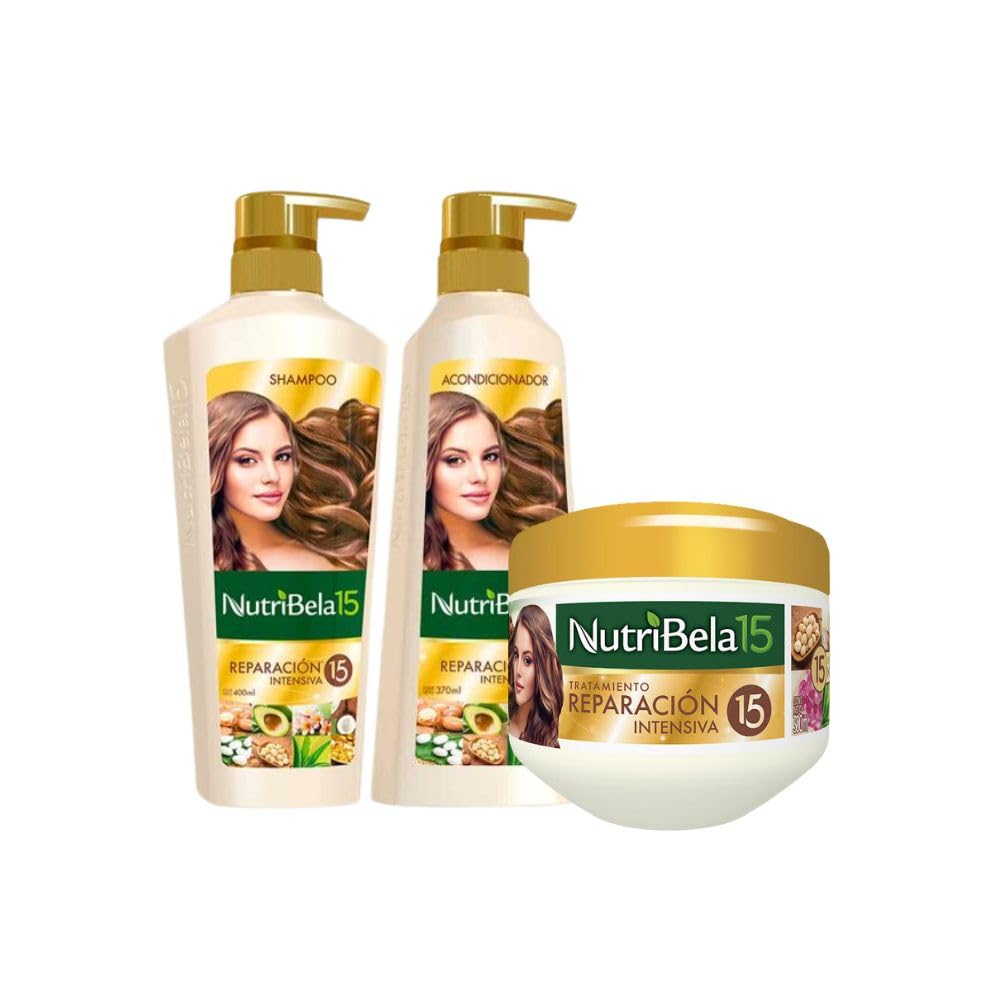 Nutribela 15 Reparacion Intensiva (3 Pack) Nutribela Shampoo Reparacion Intensiva 400mL + Acondicionador Reparacion Intensiva 400mL + Tratamiento 300mL, Nutribela Shampoo y Acondicionador
