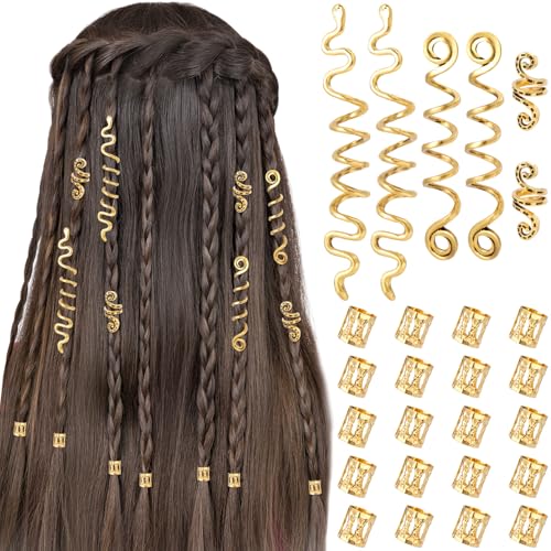 BEIQIYA Gold Hair Jewelry 26pcs for Braids Spiral Dreadlocks Hair Beads & Clips