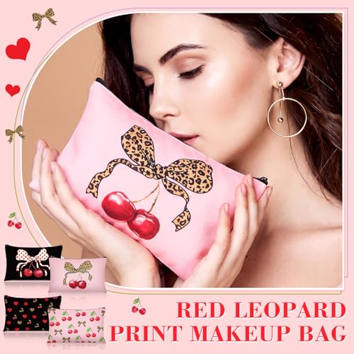 12 Pcs Cherry Bow Makeup Bag Set - Canvas Leopard Cosmetic Pouch 9x6 Inches