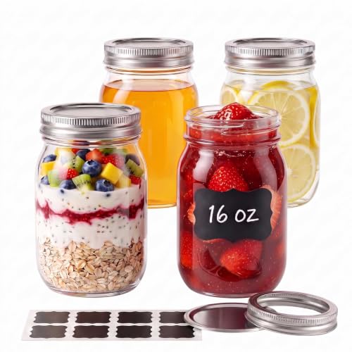 16 oz Mason Jars with Lids - 4 Pack Clear Glass Storage Containers